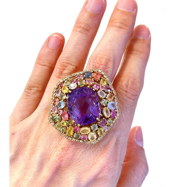 Purple Bochic “Orient” Vintage Sapphire & Amethyst Cocktail Ring 18K Gold & Silver For Sale - Image 8 of 13