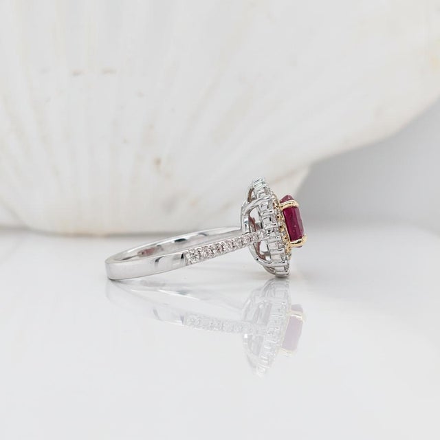Metal Statement Ruby Ring With a Double Halo of Diamonds: Solid 14k Gold, 6mm, Size 6.75 For Sale - Image 7 of 9