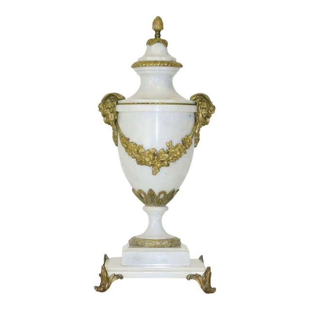 19th C. Monumental 25” White Marble Gilt Bronze Mount Cassolette Urn For Sale