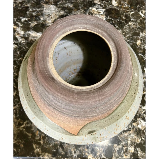Mid 20th Century Large Vintage Lidded Vessel, Signed, Hand-Thrown Pottery in Nature’s Colors, Glazed Around Outside Center and Inside Pot and Lid, Earthen-Ware Jar For Sale - Image 5 of 12