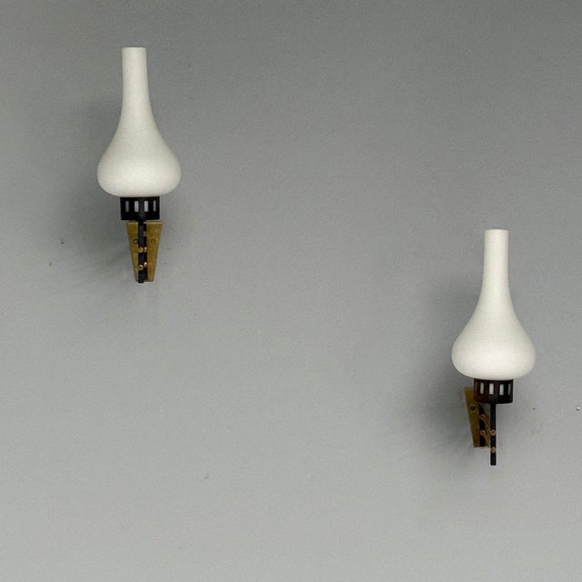 1950s Italian Mid-Century Modern, Wall Sconces, Patinated Brass, Opaline Glass, 1950s For Sale - Image 5 of 10
