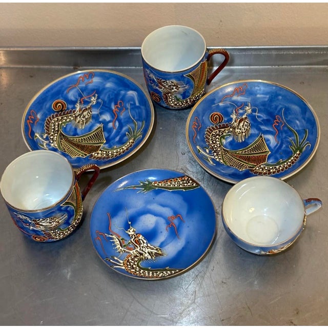 Japanese Moriage Dragonware Porcelain Japanese Cups & Saucers Set of 3 For Sale - Image 3 of 6