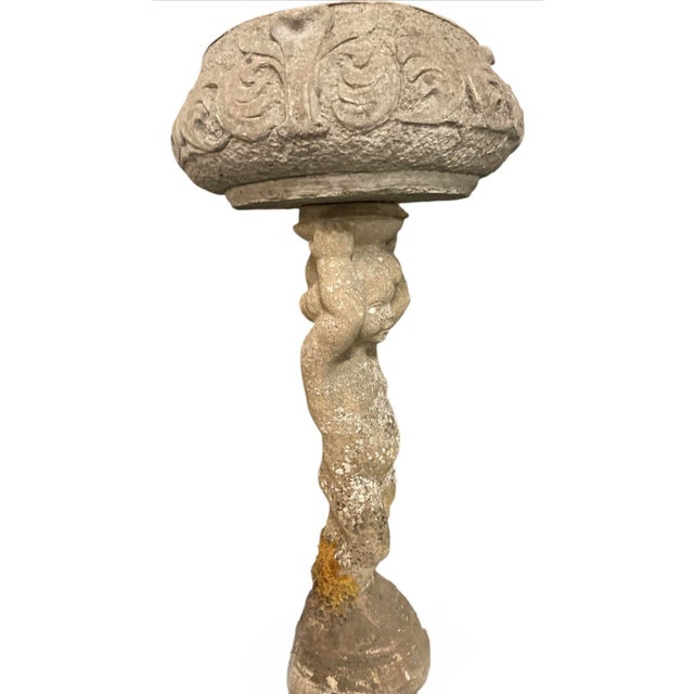 English Vintage Cast Stone Cherub Garden Pedestal & Planter For Sale - Image 3 of 7