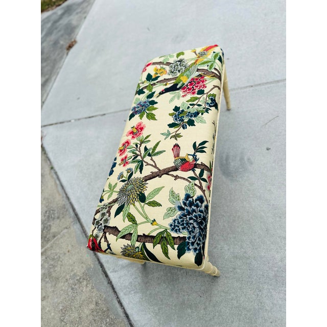 Cream Vintage Faux Bamboo Bench, Newly Upholstered in Designer Chinoiserie Fabric For Sale - Image 8 of 9