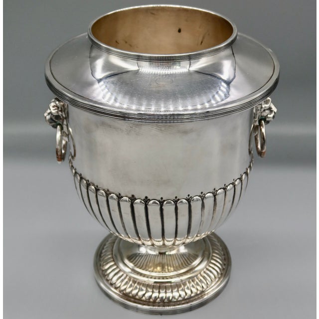 English Antique English Silver Plate Champagne Bucket | Lion Mask Ring Handles | Hand Chased | Regency Style | Made in England For Sale - Image 3 of 13