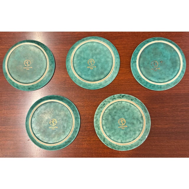 Turquoise Mid 20th Century Swedish Gustavsberg Argenta Art Pottery Coasters, Set of 5, Turquoise Glazed With Silver Floral Motifs For Sale - Image 8 of 8