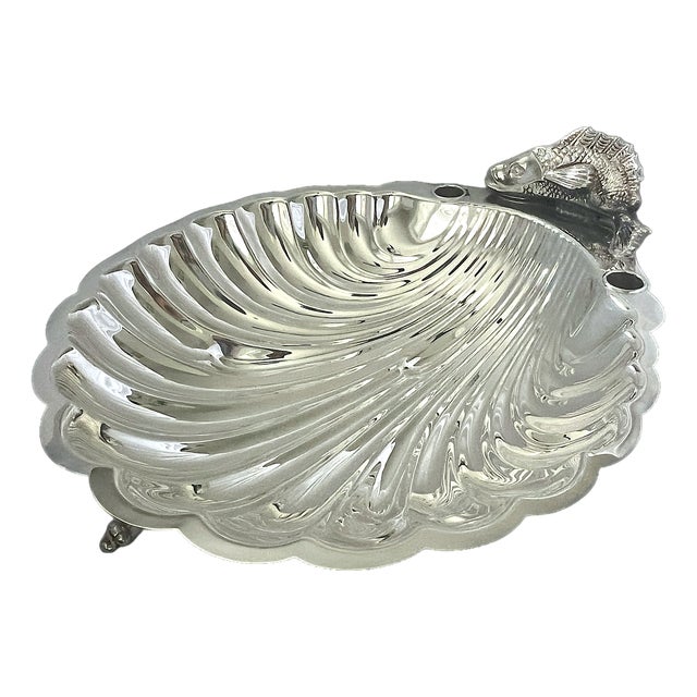 Vintage English Regency Sheffield Epns Hotel Silver Plated Koi Fish Clam Shell Serving Platter For Sale