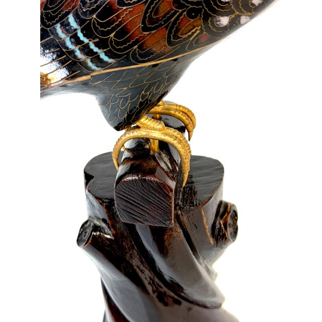 Chinese Cloisonné Parrot on Carved Hardwood Tree Trunk Base Chinese, Circa 1960 For Sale - Image 13 of 13