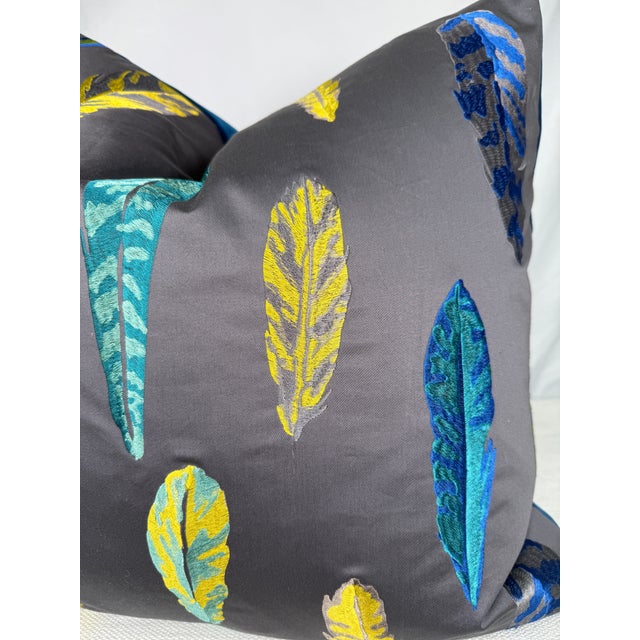 Custom pair of 22" pillows covered in Casamance "Feathers" embroidered fabric and backed in a coordinating velvet. These...