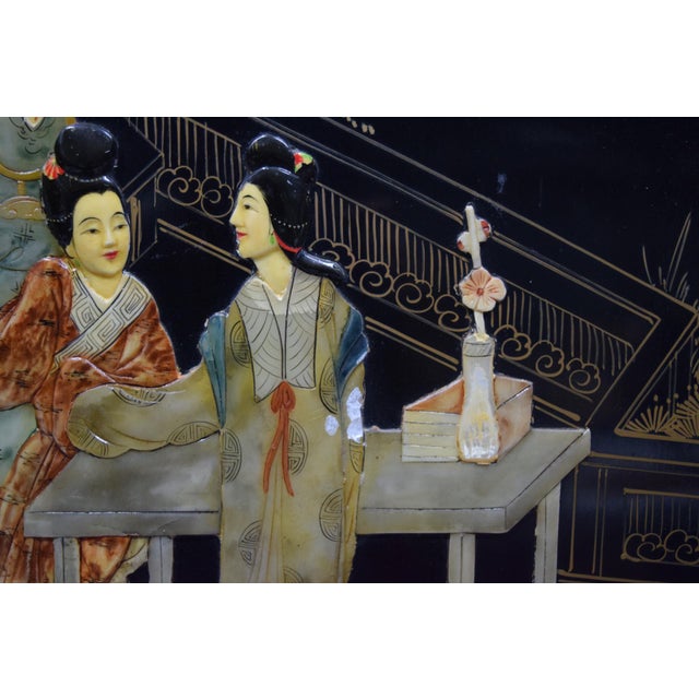 Chinese 4-Panel Stone Inlay Lacquered Scenic Wooden Folding Floor Screen Room Divider For Sale - Image 10 of 13