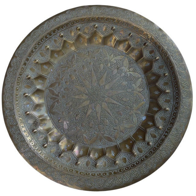 Mid 20th Century Antique Hand-Engraved Moroccan Brass Tray For Sale - Image 5 of 11