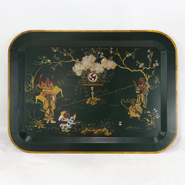 Vintage Dark Green Lacquer Rectangular Tray With Hand Painted Gold Asian Festival Scene and Chinoiserie Style For Sale - Image 14 of 14