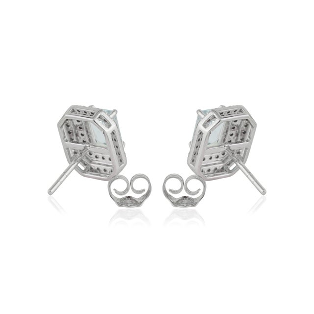 1.23ct Modern Aquamarine & Diamond Double Halo Stud Earrings 14k Gold- 2 Pieces For Sale - Image 10 of 16