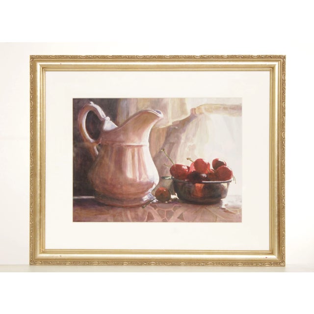 High Quality Vintage Fine Art Print by Eva Ramanuska (Hungarian/American, 20th C.), Ceramic Pitcher and Cherry Fruit Still...