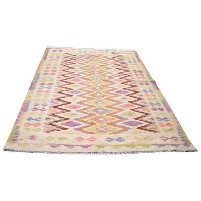 Afghan Maimana hand woven flatweave kilim with wool texture and reversible.