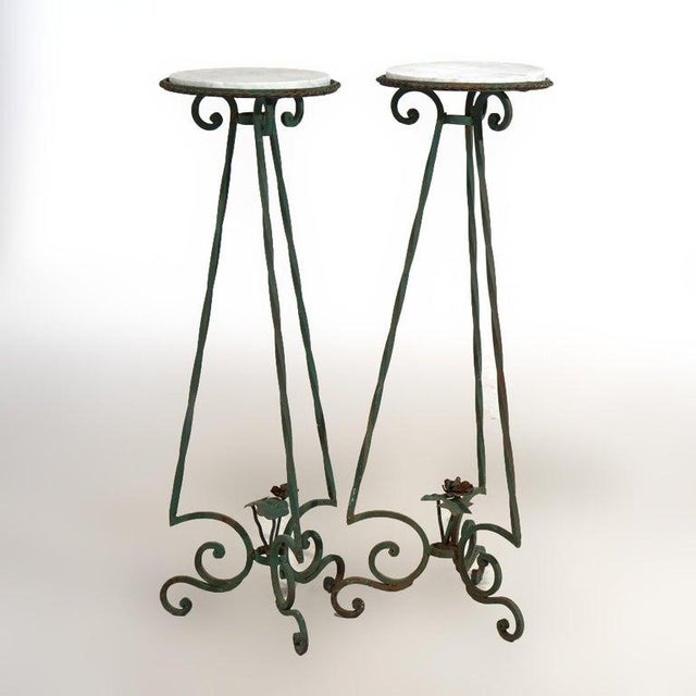 Antique Arts & Crafts Oscar Bach Style Wrought Iron & Marble Plant Stands C1920 For Sale - Image 4 of 11