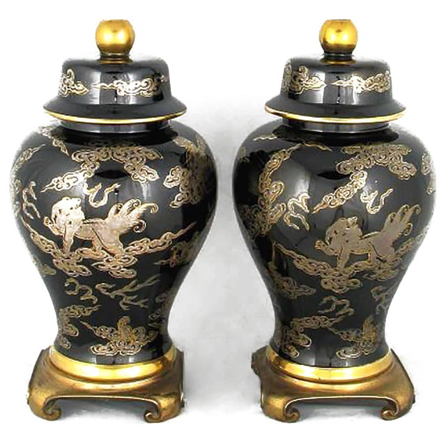 Pair of Black and Gilt Ginger Jar Table Lamps With Dragon ...