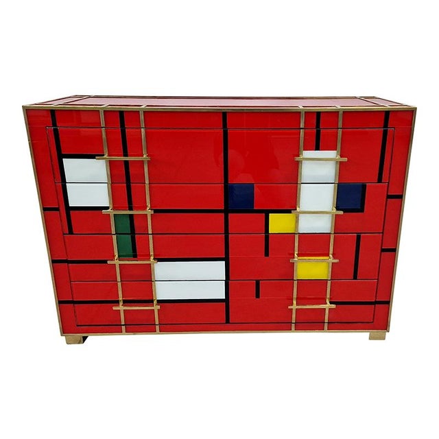 Dresser with four drawers, entirely handmade, with wooden structure covered in multicolored glass (Mondrian style on a red...