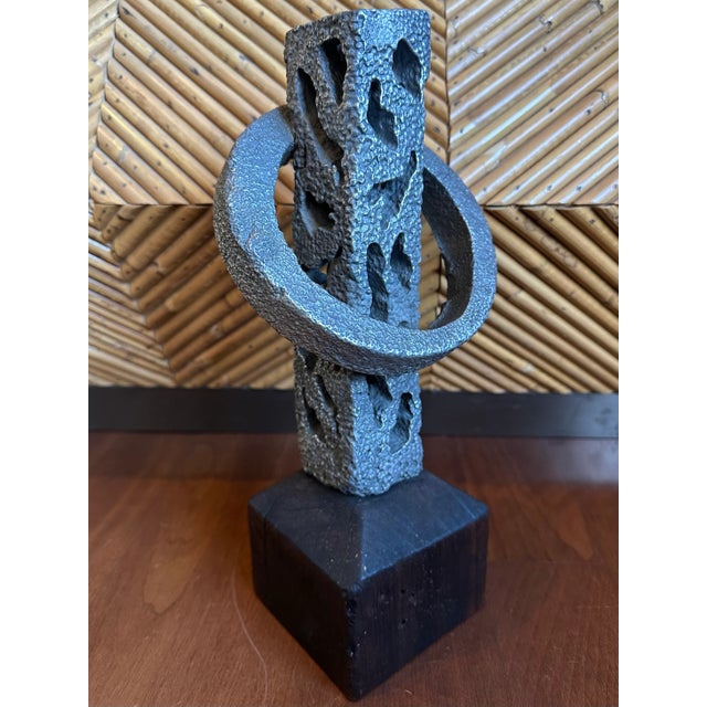 Ralph Lauren Vintage Signed 13” Hand Hammered Blackwashed Metal Sculpture on Wood Base in a Western Industrial Style For Sale - Image 4 of 17