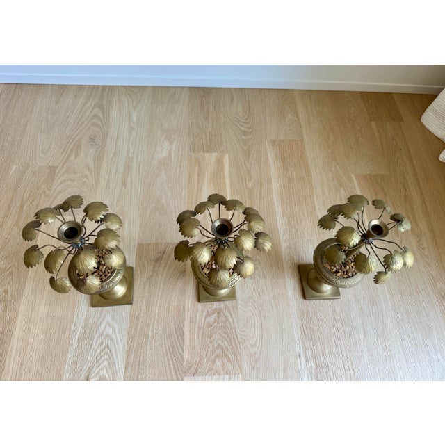 English Vintage Heavy Brass Palm Tree Candlesticks in Urn Bases – Set of Three – Circa 1970s For Sale - Image 3 of 8