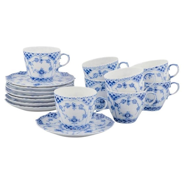 Blue Fluted Full Lace Coffee Cups with Saucers from Royal Copenhagen, 1960s, Set of 16 For Sale - Image 9 of 9