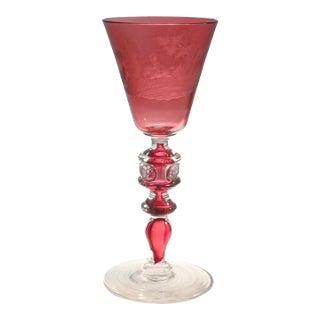 Antique Austrian Cranberry Glass Engraved Glass Toasting Goblet For Sale