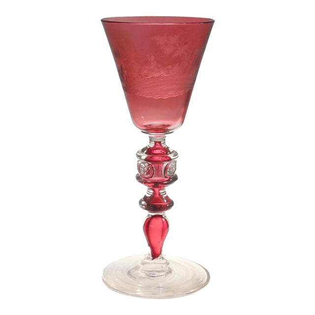 Antique Austrian Cranberry Glass Engraved Glass Toasting Goblet For Sale