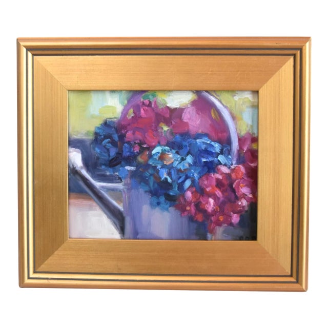 Impressionist Floral Bouquet of Flowers in Watering Can Painting Including the Antiqued Gold Wood Frame For Sale