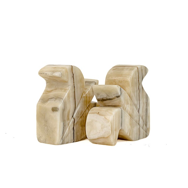 Vintage Hand Carved Striped Onyx Marble Fleur De Lis Bookends For Sale - Image 4 of 9
