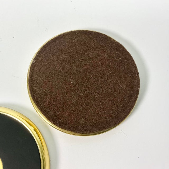 1990s Vintage Hollywood Regency Traditional Brass & Leather Coasters - Set of 5 For Sale - Image 9 of 10