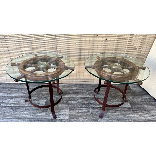 Nautical A Pair of Vintage Handcrafted Ship's Wheel Glass Top Side Tables. Circa 1970s For Sale - Image 3 of 18