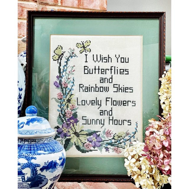 Mid-Century Framed Cross Stitch Flowers & Butterflies Textile Art For Sale - Image 4 of 7