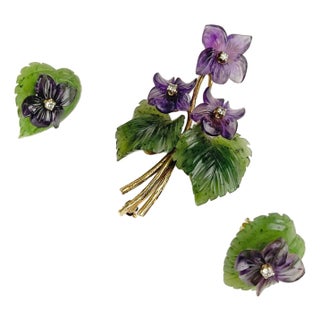Set of 14k Gold, Nephrite & Amethyst Earrings & Brooch For Sale