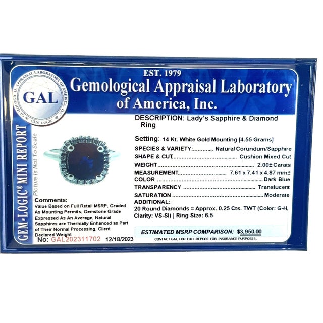 Natural Sapphire Diamond Ring Size 6.5 14k White Gold 2.25 Certified For Sale In New York - Image 6 of 9