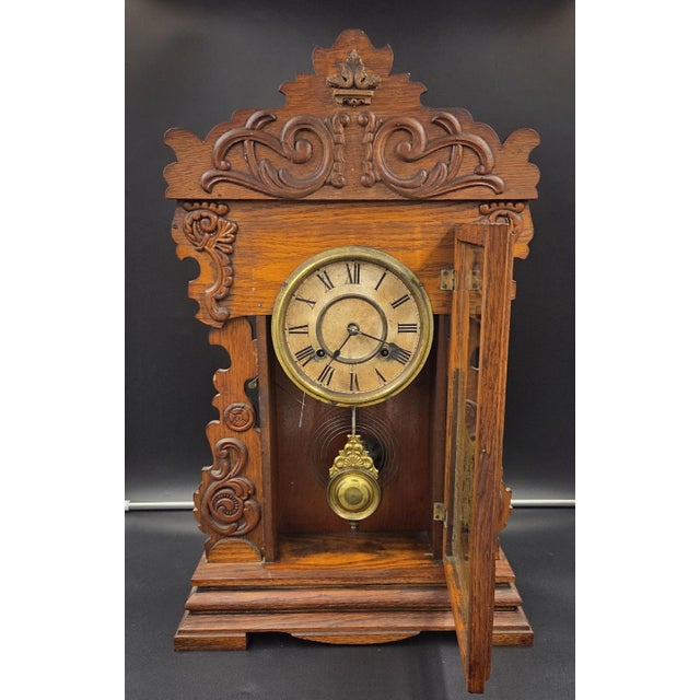 Brown Antique New Haven "Maine Line" 8-Day Striking Stenciled Glass & Wood Case Mantel Clock For Sale - Image 8 of 18