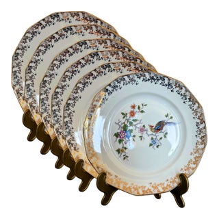 Hand-Decorated Limoges Porcelain Dessert Plates With Bird & Floral Motif, Gilt Trim, 6 P. For 6, Circa 1930 For Sale