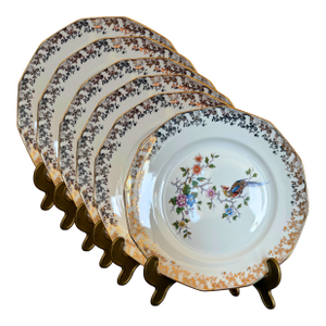 Hand-Decorated Limoges Porcelain Dessert Plates With Bird & Floral Motif, Gilt Trim, 6 P. For 6, Circa 1930