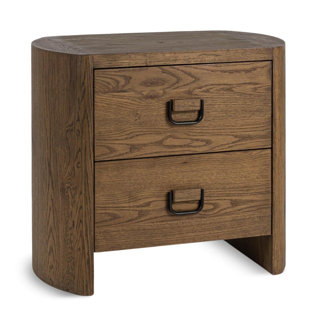 Modern farmhouse style rounded oak veneer nightstand with two drawers. Tawny brown finish and black iron ring drawer...