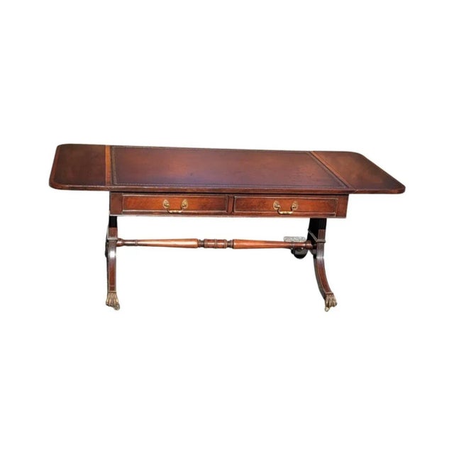 Coffee George Iii Style Two-Drawer Mahogany and Leather Top Inset Drop Leaf Coffee Table on Wheels For Sale - Image 8 of 12
