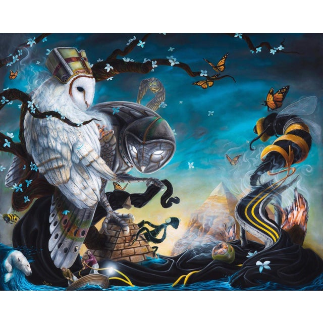 Point of Diminishing Return by Shay Davis | Oil Painting of an owl, figures, and butterflies in a surreal landscape For Sale