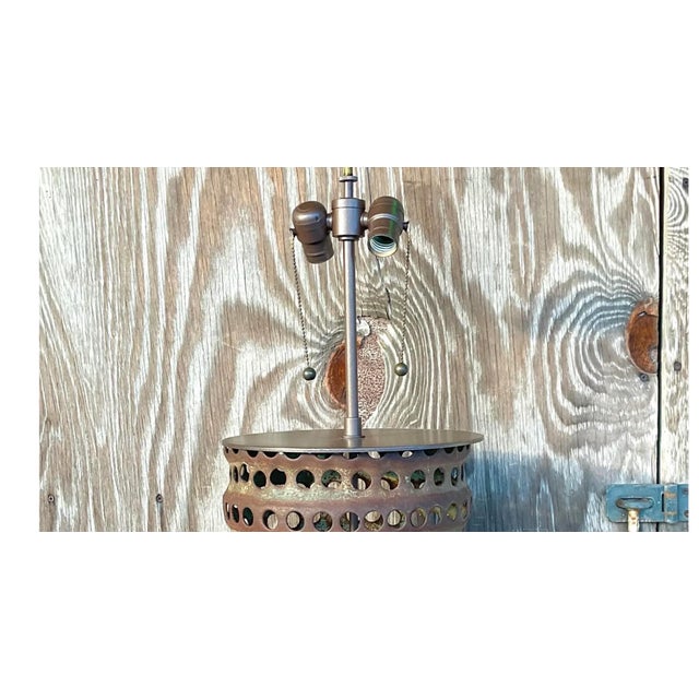 Metal Vintage Boho Punch Cut Cylinder Lamp For Sale - Image 7 of 13