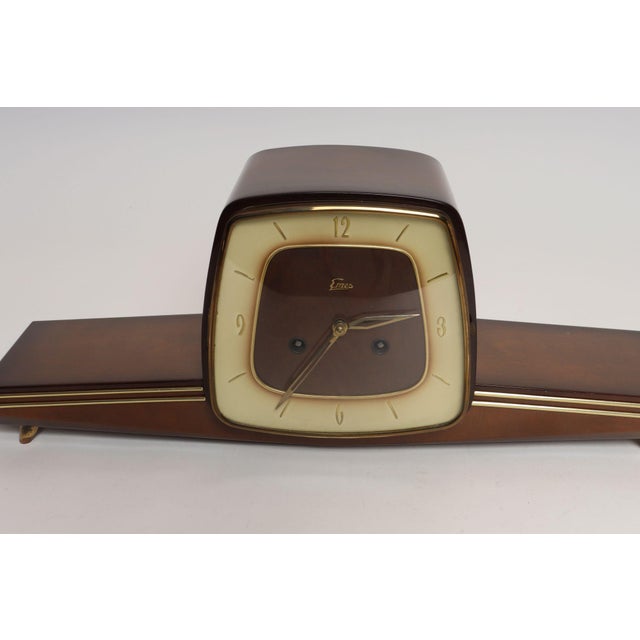 German Art Deco Mahogany and Brass Mantle Clock With Key by Emes For Sale - Image 10 of 18