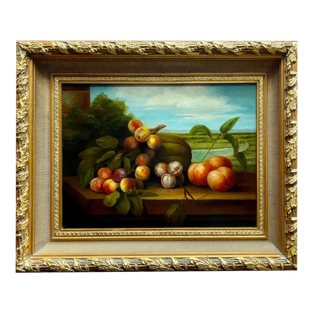 Vintage Signed Original Italian Oil on Canvas Still Life Painting in Gilt Frame For Sale