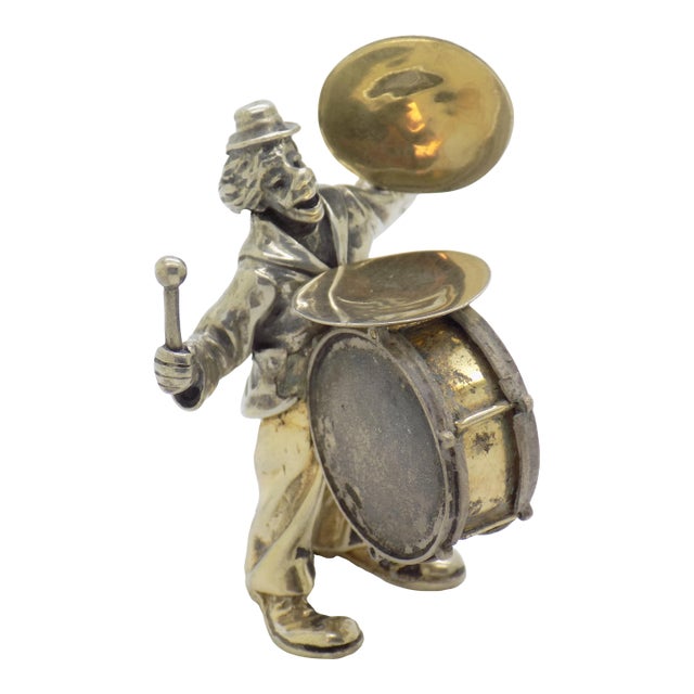 Vintage Italian Handmade Genuine Silver Large Angini Branded Street Artist With Drums Figurine, Made in Arezzo (Tuscany) For Sale