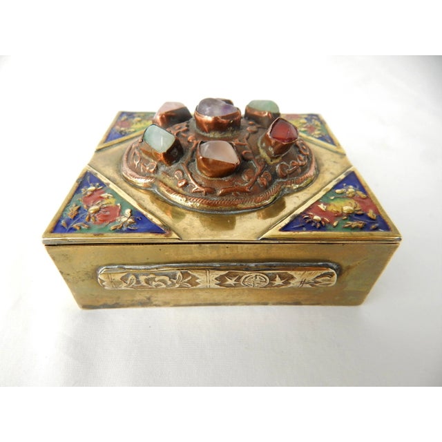 Antique Chinese Brass Box With Semi-Precious Stones For Sale - Image 4 of 12