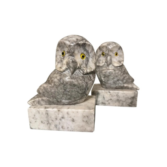 1950s Hand Carved Alabaster Owl With Glass Eyes Bookends- a Pair For Sale - Image 10 of 10