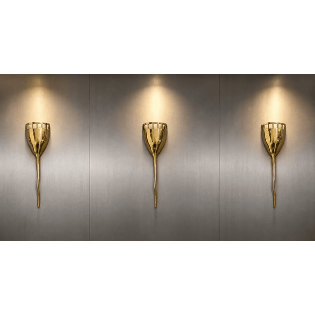 David Marshall set of 3 Brutalist-style wall sconces, signed. vintage, made of bronze, measuring 56 x 17.5 x 8 cm. 1980s....