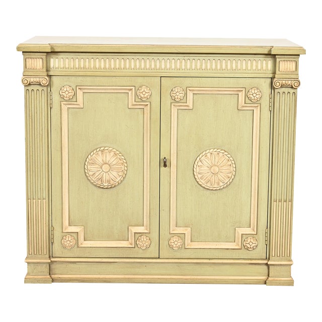 Henredon Neoclassical Green and Cream Lacquered Sideboard Buffet or Bar Cabinet, Circa 1960s For Sale
