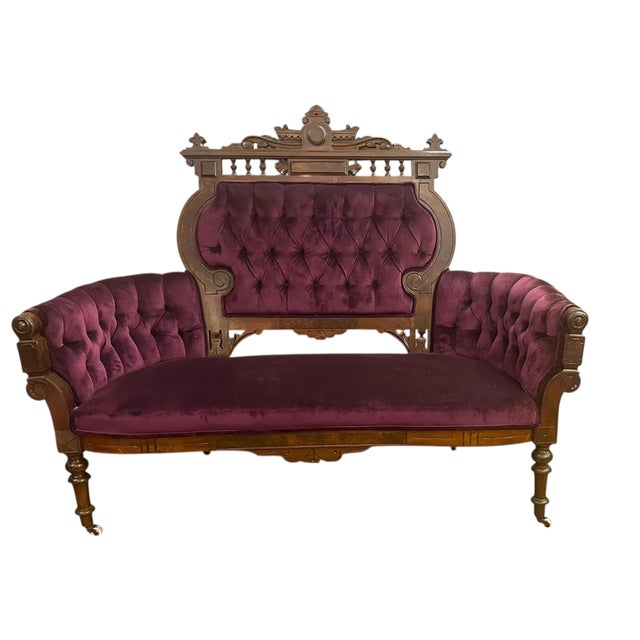 Antique Victorian Eastlake Style 3 Piece Ornate Carved Walnut Parlor Set Newly Reupholstered in a Purple Velvet For Sale - Image 14 of 17