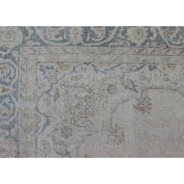 Medallion Distressed Oushak Turkey in Cream, Blue Tones, Brown and Teal Blue For Sale - Image 10 of 15